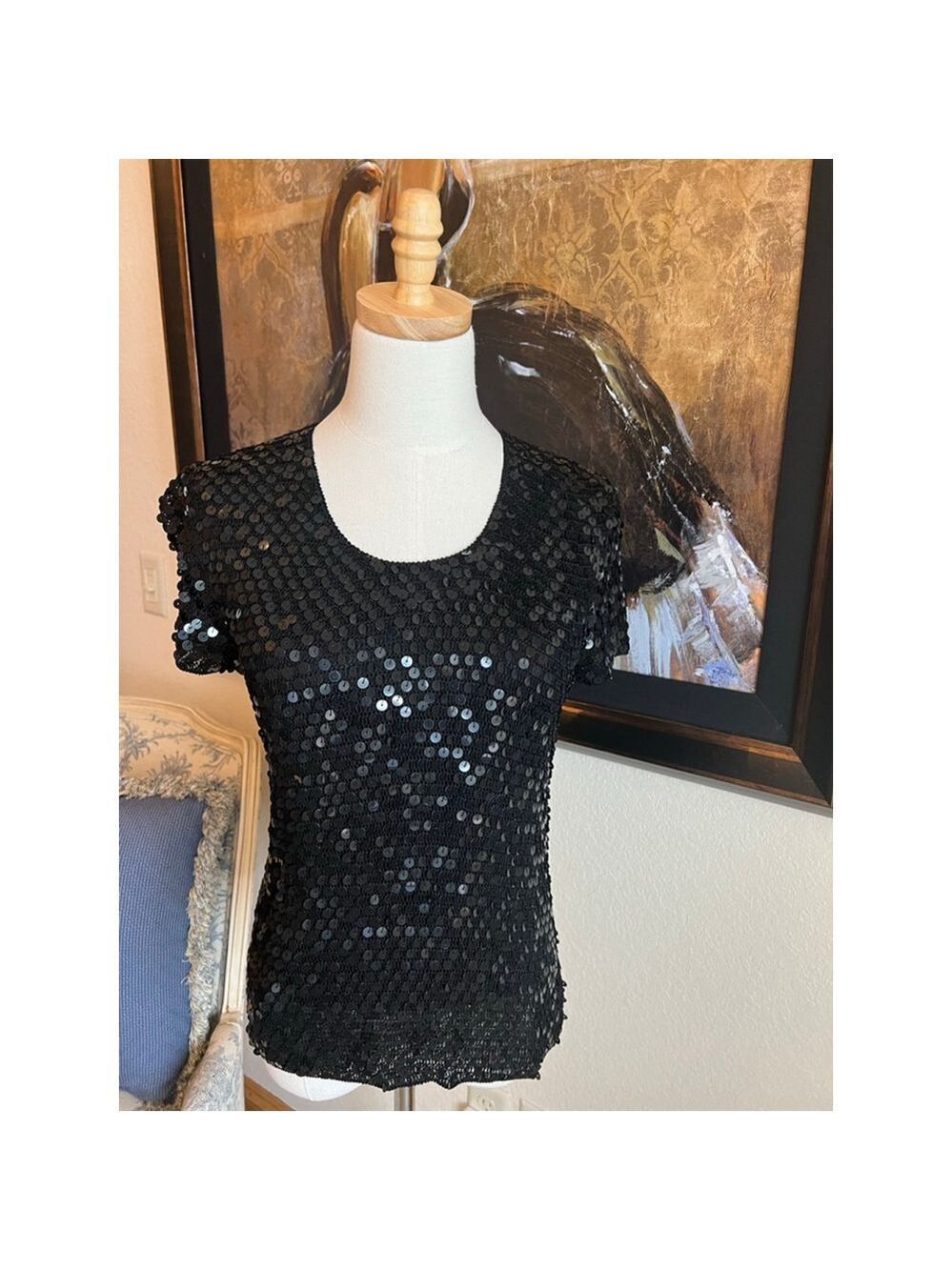 Women's Colette Mordo Black Sequin Short Sleeve Tee M